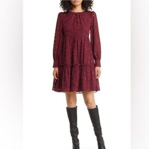 Eliza J Floral Lace Lomg Sleeved Tiered Dress in Wine. Size 14 NWT
